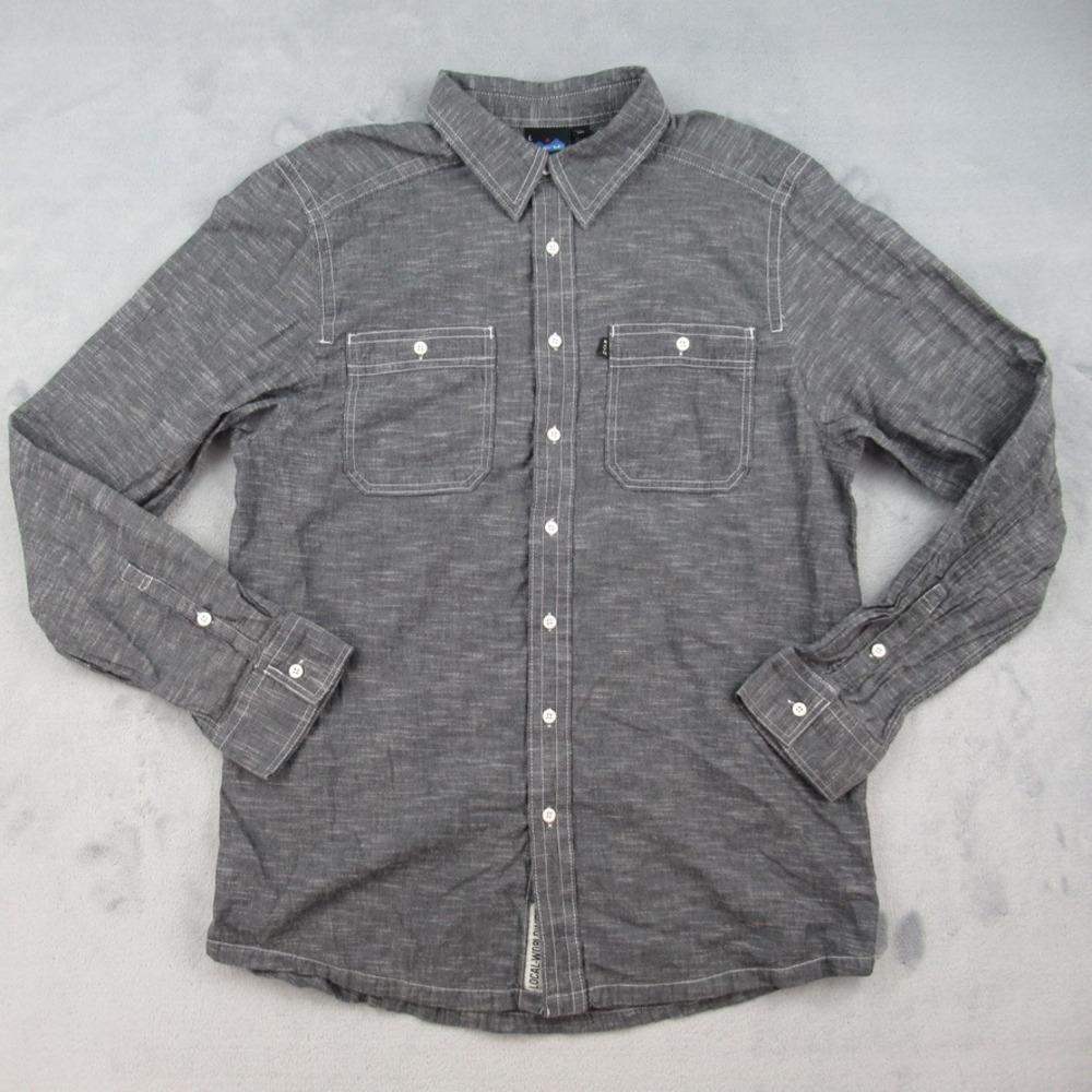 KAVU Button Up Shirt Mens Large Gray Long Sleeve Cotton Slub Pocket Casual